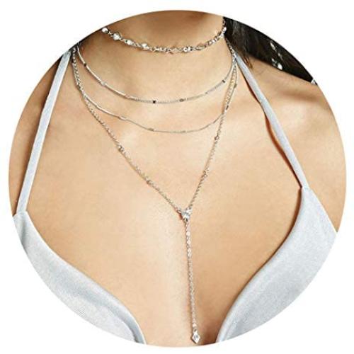 Zehory Boho Layered Crystal Choker Necklace Silver Long Tassel Pendant Y Necklaces Chain Jewelry Adjustable for Women and Girls