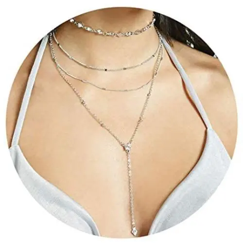 Zehory Boho Layered Crystal Choker Necklace Silver Long Tassel Pendant Y Necklaces Chain Jewelry Adjustable for Women and Girls