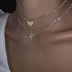 Masiter Glitter Rhinestone Necklace Layered Pendant Choker Crystal Tennis Chain Party Costume Jewelry for Women and Girls