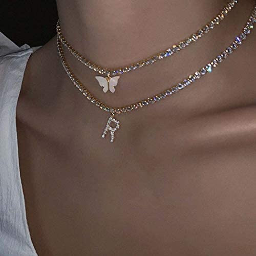 Masiter Glitter Rhinestone Necklace Layered Pendant Choker Crystal Tennis Chain Party Costume Jewelry for Women and Girls