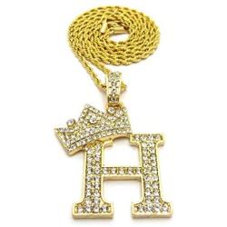 CBC Crown Rhinestone Studded Crown Initial Alphabet Letter Pendant Necklace 24'' Rope Chain Necklaces