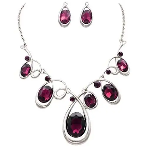 Rosemarie Collections Womens Statement Silver Tone and Spiral Loop Crystal Bib Necklace and Earrings Set Rosemarie Collections Womens Statement Silver Tone and Spiral Loop Crystal Bib Necklace and Earrings Set