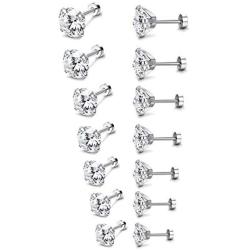 Adramata 7 Pairs 20G Cartilage Earring for Women Men Tragus Stud Earrings Shiny CZ 2-8MM