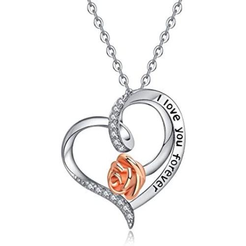 INFUSEU Heart Rose Pendant Necklace Women Sterling Silver I Love You Forever Engraved Jewelry Dainty Flower for Girlfriend Wife Mom Sister Her