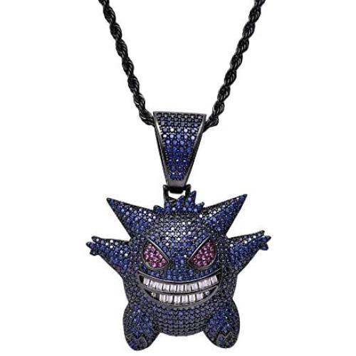 LKV Hip Hop Elf Pokemon Zircon Iced Out CZ Stone Gold Gengar Pendant Necklace