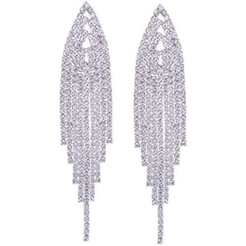 SELOVO Bohemian Clear Crystal Chandelier Tassel Bridal Dangle Drop Earrings Chain Silver Tone