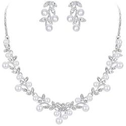 EVER FAITH Womens Simulated Pearl Vine Leaf Bowknot Necklace Earrings Set