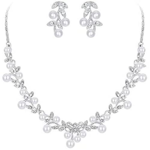 EVER FAITH Womens Simulated Pearl Vine Leaf Bowknot Necklace Earrings Set