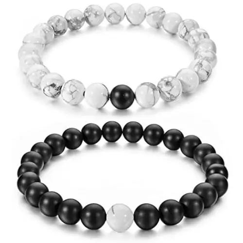 Couples His and Hers Bracelet Black Matte Agate & White Howlite 8mm Beads By Long Way 7.1''&7.5''