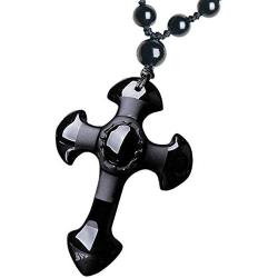 Obsidian crystal cross Amulet necklace pendant with adjustable bead chain for women or men