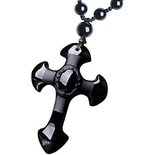 Obsidian crystal cross Amulet necklace pendant with adjustable bead chain for women or men
