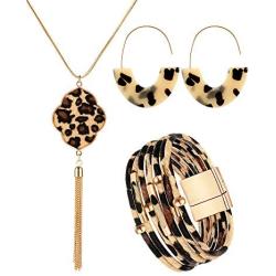 Hicarer 3 Pieces Leopard Bracelets Bohemia Leopard Earrings Necklace for Women Girls (Oval Earring Set)