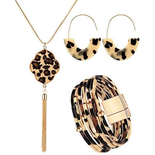 Hicarer 3 Pieces Leopard Bracelets Bohemia Leopard Earrings Necklace for Women Girls (Oval Earring Set)
