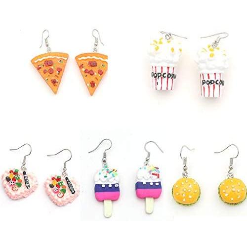 5 Pairs Handmade Simulation Food Dangle Earrings Creative Cute Pizza Hamburger Bread Ice-Cream Statement Drop Earrings Set Novelty Kawaii Funny Food Earrings Jewelry for Women Girls