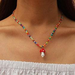 Pingyongchang Cute 4pcs Colorful Beads Chain Dainty Mushroom Shape Pendant Necklace Set Sweet Fresh Vegetables Mushroom Choker Jewelry Set for Women Girls Men