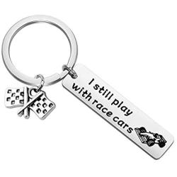 POTIY Racing Car Keychain Race Car Driver Key Ring Racing Enthusiast I Still Play With Race Cars Racing Flag Charm Jewelry