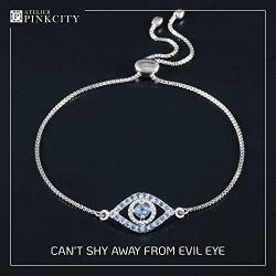 ATELIER PINKCITY Evil Eye Genuine Blue Topaz 925 Sterling Silver Bracelet Rhodium Plated Box Chain Adjustable Slider Bolo Style Jewelry Bracelet For Women