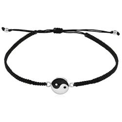 AeraVida Balance of Yin and Yang .925 Sterling Silver Cotton Rope Adjustable Wrist Pull Bracelet