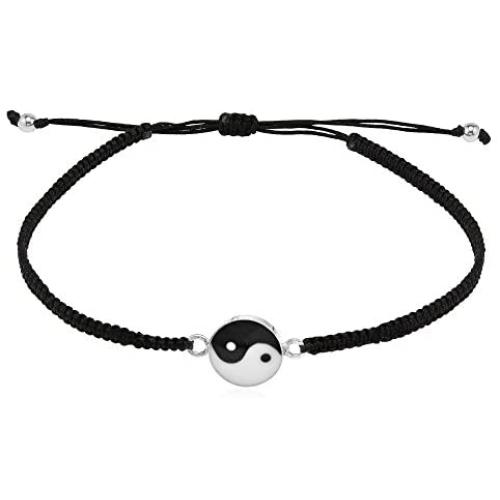 AeraVida Balance of Yin and Yang .925 Sterling Silver Cotton Rope Adjustable Wrist Pull Bracelet