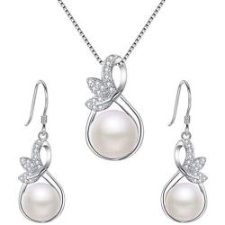 EleQueen 925 Sterling Silver CZ Cream Freshwater Cultured Pearl Leaf Bridal Necklace Hook Earrings Set Clear