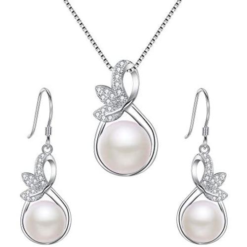 EleQueen 925 Sterling Silver CZ Cream Freshwater Cultured Pearl Leaf Bridal Necklace Hook Earrings Set Clear