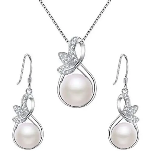 EleQueen 925 Sterling Silver CZ Cream Freshwater Cultured Pearl Leaf Bridal Necklace Hook Earrings Set Clear