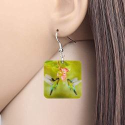 NEWEI Acylic Floral Hummingbird Bird Square Earrings Drop Dangle Fashion Animal Jewelry For Women Girls Gift Charms