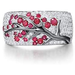 925 Sterling Silver Ring Delicate Pink Cherry Tree Created Ruby Shiny White Cubic Zirconia