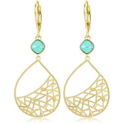 Sllaiss 14k Gold Plated Leaf Teardrop Earrings for Women 925 Sterling Silver Leverback Earrings Turquoise Filigree Drop Dangle Earrings Dainty Fine Jewelry Gift