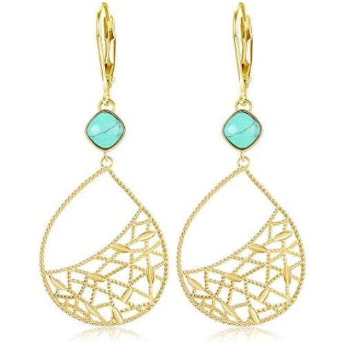 Sllaiss 14k Gold Plated Leaf Teardrop Earrings for Women 925 Sterling Silver Leverback Earrings Turquoise Filigree Drop Dangle Earrings Dainty Fine Jewelry Gift