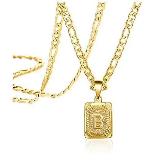 Joycuff Initial Necklaces for Women Men Square Letter Pendant Personalized Handmade 26 Alphabets from A-Z Simple Unique 18K Gold Plated Stainless Steel Jewelry