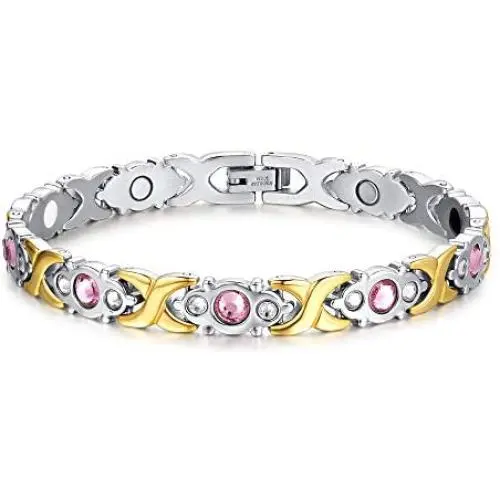 Titanium Stainless Steel Magnetic Bracelet Link Stylish Womens Bracelets with Rhinestone,2 Colors to Choose