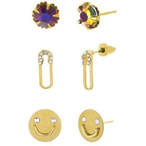 Steve Madden Yellow Gold-Tone Stud, Smiley Face, and Safety Pin Three Pair Earring Set For Women, one size (SME500334GD)