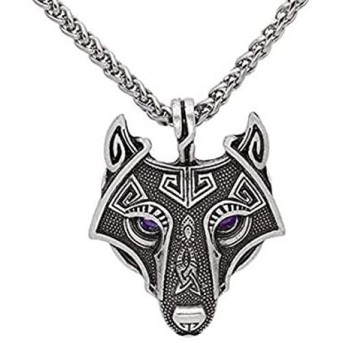 Unique Antique Bronze Silver Viking Wolf Pendant Head Necklace with Dazzling Purple Eyes - Chain Leather