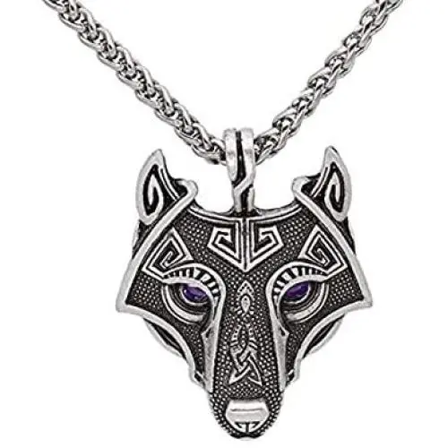 Unique Antique Bronze Silver Viking Wolf Pendant Head Necklace with Dazzling Purple Eyes - Chain Leather