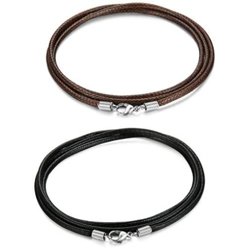 FIBO STEEL 2 Pcs 2.5MM Leather Chain Necklace for Men Women Braided Necklace Chain,16-30 inches