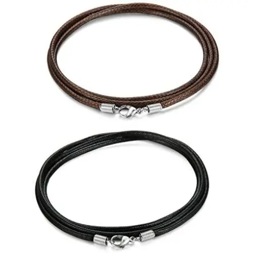 FIBO STEEL 2 Pcs 2.5MM Leather Chain Necklace for Men Women Braided Necklace Chain,16-30 inches FIBO STEEL 2 Pcs 2.5MM Leather Chain Necklace for Men Women Braided Necklace Chain,16-30 inches