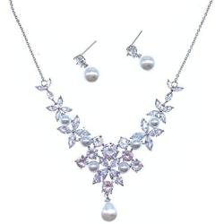 Roseeden Bridal Zirconia Necklace and Earrings Set Pearl Jewelry for Brides and Bridesmaids RE8062