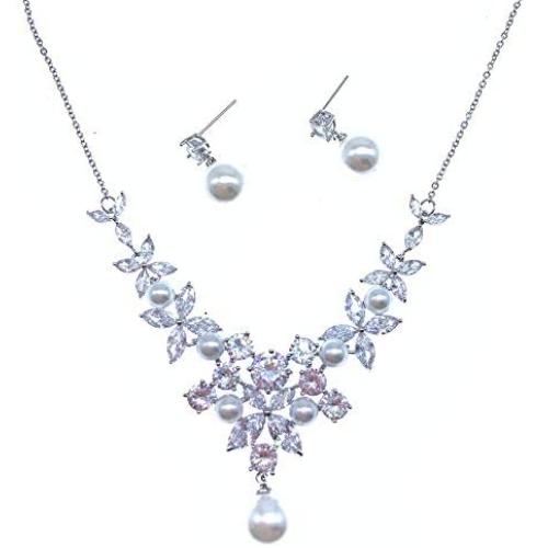 Roseeden Bridal Zirconia Necklace and Earrings Set Pearl Jewelry for Brides and Bridesmaids RE8062