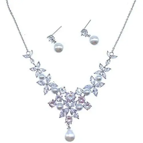 Roseeden Bridal Zirconia Necklace and Earrings Set Pearl Jewelry for Brides and Bridesmaids RE8062 Roseeden Bridal Zirconia Necklace and Earrings Set Pearl Jewelry for Brides and Bridesmaids RE8062