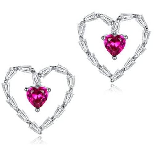 Creativity Ruby Love Heart Stud Earrings, White Gold Plated Hypoallergenic Earings for Girls and Women