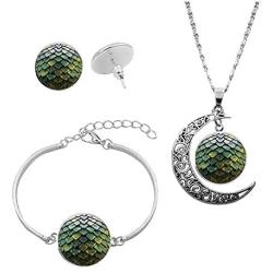 IShang Dragon Egg Necklace Jewelry Set for Women, Dragon Egg with Crescent Moon Time Gemstone Pendant Necklace + Bracelet + Stud Earring Costume Womens Jewelry Sets with Gift Box