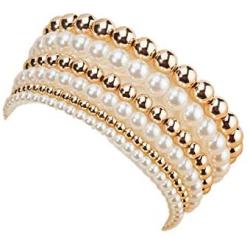 6Pcs Stackable Venetian Pearl Flat Brass Bead Ball Bracelet Set Simple Delecate Gold Beaded Stretch Bracelets Friendship Bangle Boho Stretchable Elastic Bracelet for Women Girl