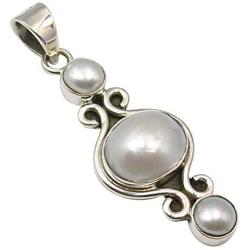 SilverStarJewel Round, Oval Pearl Oxidized Pendant 1.7'' 925 Fine Silver Jewelry