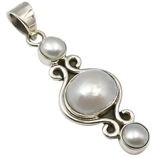 SilverStarJewel Round, Oval Pearl Oxidized Pendant 1.7'' 925 Fine Silver Jewelry