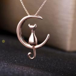 S.Leaf Cat Moon Necklace Sterling Silver Necklaces for Women Cat Necklace