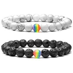 Jovivi LGBT Relationship Bracelet Rainbow Pride White Howlite/Black Lava Rock Beads Oil Diffuser Bracelets for Men Women