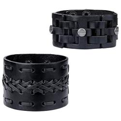 Thunaraz Black Brown Leather Bracelet for Men Women Punk Wide Leather Cuff Bracelet Cool Braided Wristbands Adjustable Gothic Wristband Bangle Jewelry