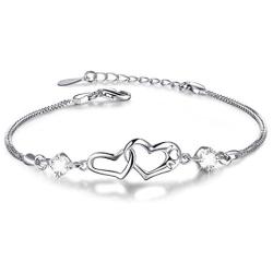 Sterling Silver''Forever Love''Double Heart Bracelets for Women Valentines Day,Birthday,Mothers Day Gifts for Her,Girlfriend,Mom,Best Friend,Sisters