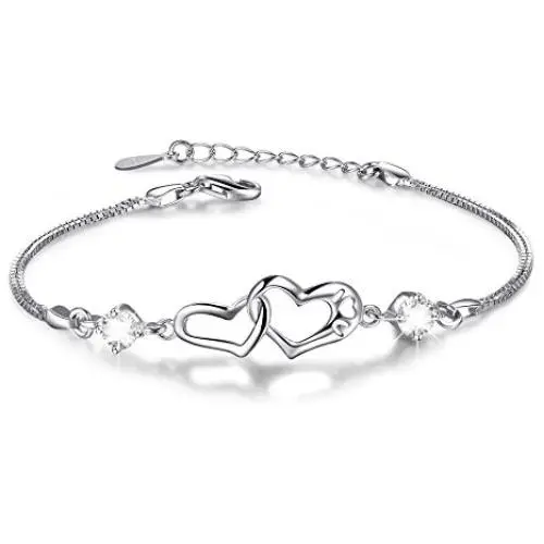 Sterling Silver''Forever Love''Double Heart Bracelets for Women Valentines Day,Birthday,Mothers Day Gifts for Her,Girlfriend,Mom,Best Friend,Sisters Sterling Silver''Forever Love''Double Heart Bracelets for Women Valentines Day,Birthday,Mothers Day Gifts for Her,Girlfriend,Mom,Best Friend,Sisters